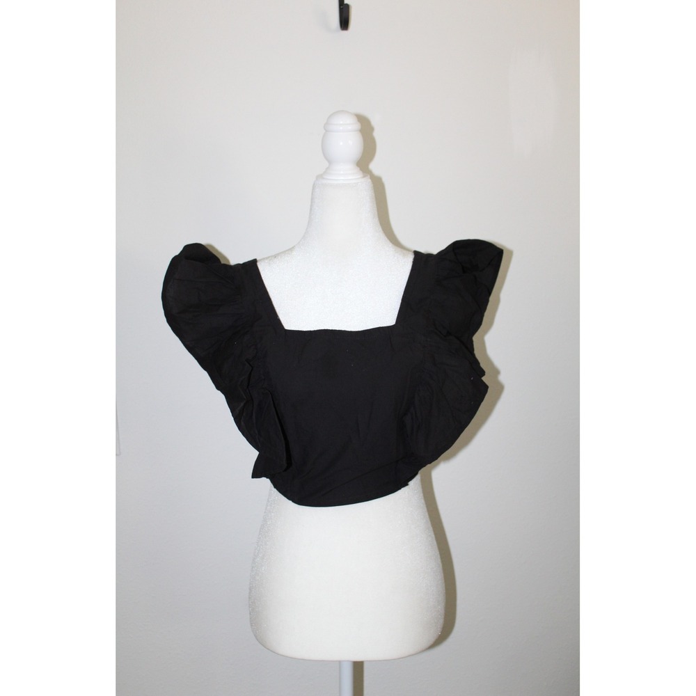 HT 360 Collective Womens Black Cotton Ruffle Shoulder Tie Back Crop Top Medium